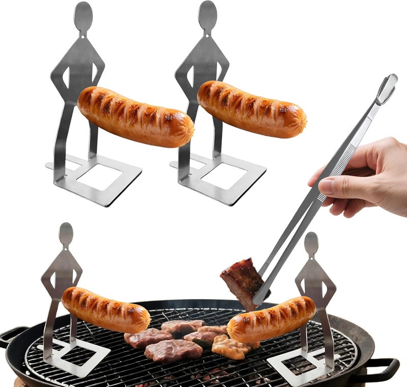 BADAO 2 PCS Funny BBQ Stand Hot Dog Holder with Fine Long Rounded Tips Tweezer Tongs,Portable Hot Dog Roaster,Reusable Stainless Steel Cooking Kit for Kitchen,BBQ,Plating,Serving,Grill Accessories - Image 1